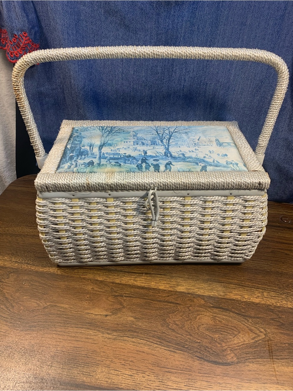 Vintage Sewing Basket Pieter Bruegel Census Bethlehem Art Woven Wicker Box